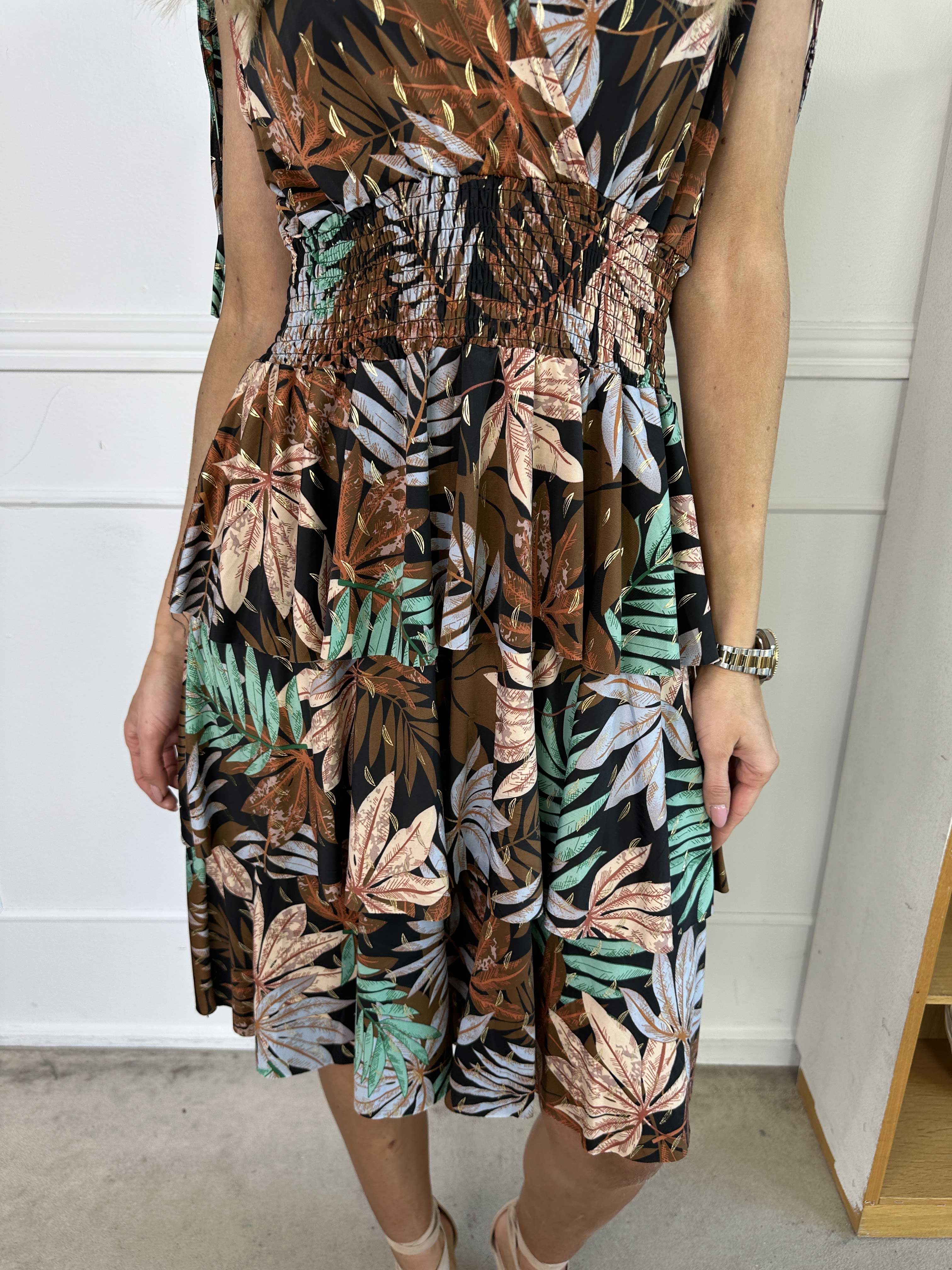 Pams Leaf Frills - Elastisk kjole med bladprint og flæser